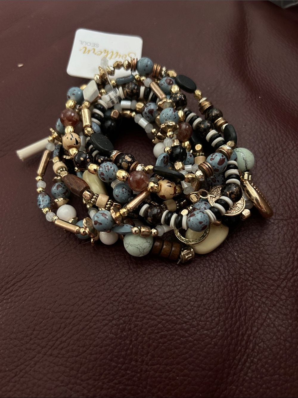 Boho Multi-Bead Stackable Bracelet Set in Blue, Cream & Gold
